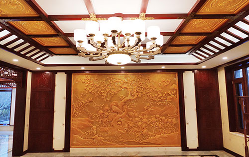 敦煌中式别墅客厅中式木作横梁吊顶装饰展示